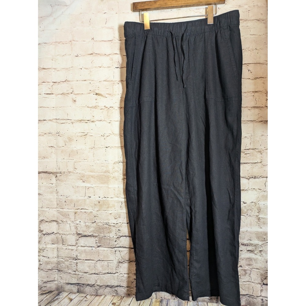 GAP Womens Large Black Wide Leg Linen Pants Pull On Drawstring High Rise Relaxed